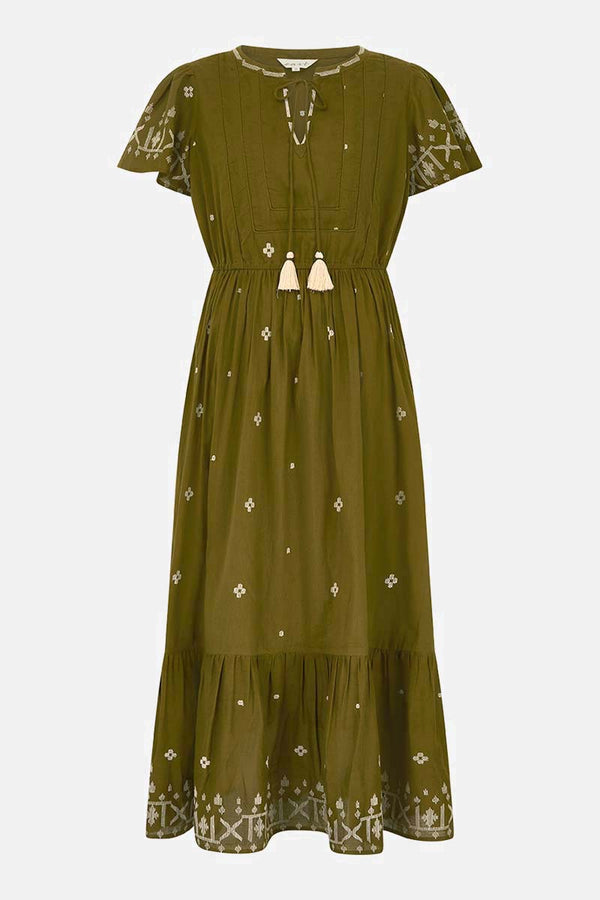 Front of Solaris Olive BCI Cotton Embroidered Dress by East.co.uk