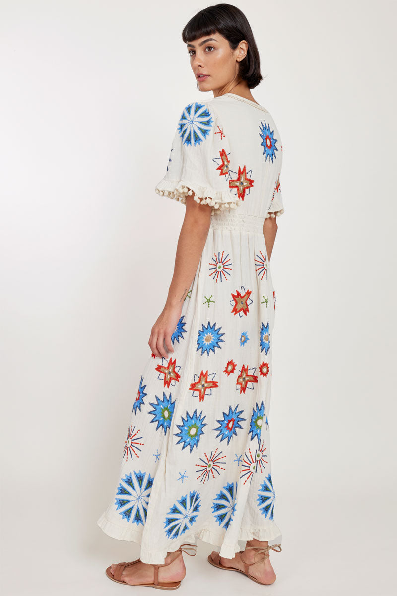 Side view of model wearing East Odell Embroidered Dress