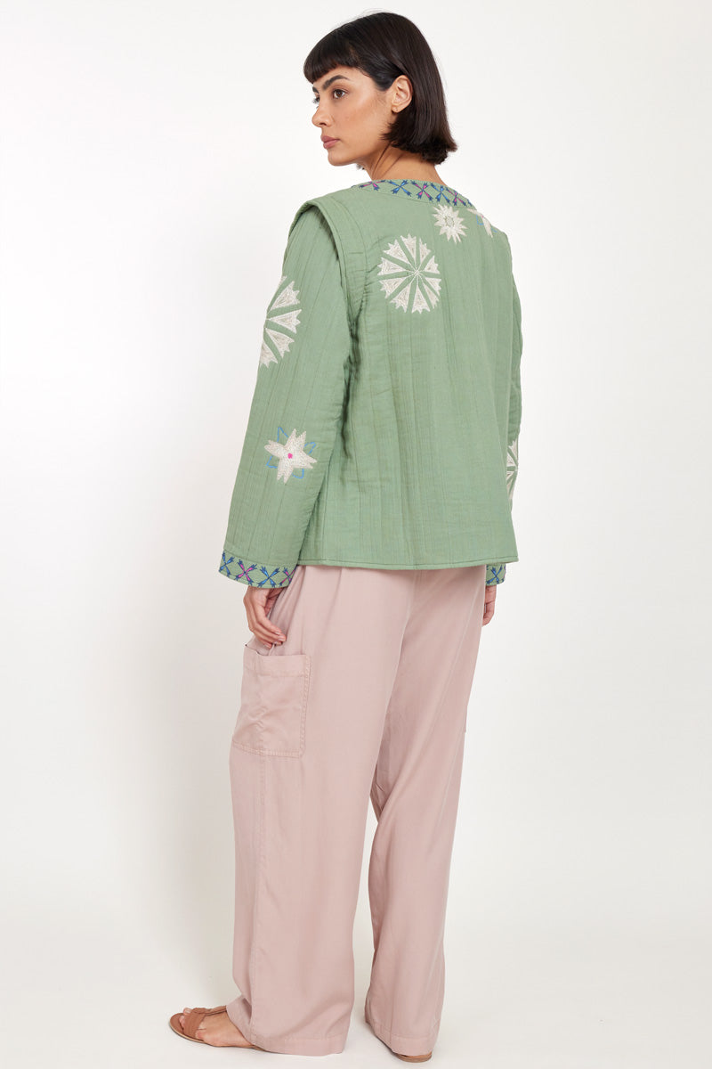 Back view of model wearing East Odell Sage Embroidered Jacket