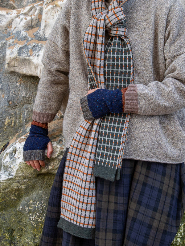 Model wearing British Made Donegal Wool Wrist Warmers and Wool Scarf