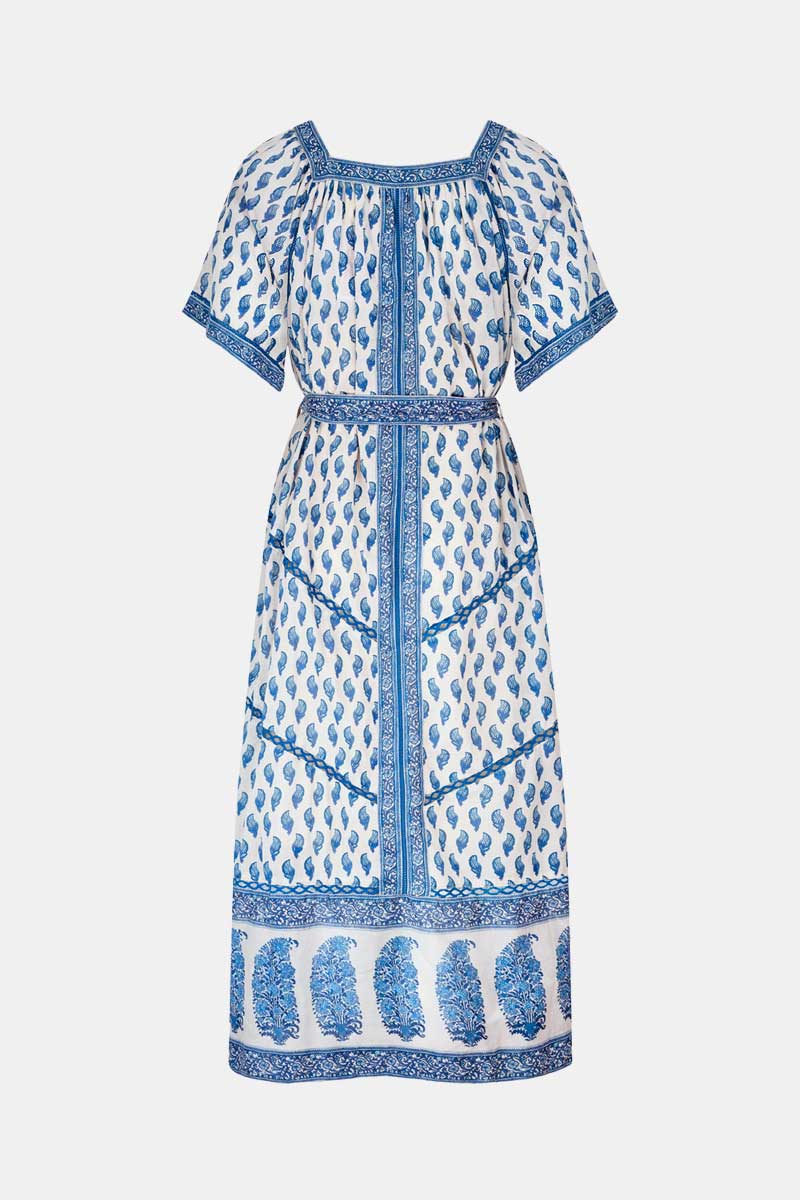 Flat shot back view of East Heritage Faith Blue Organic Cotton Belted Dress