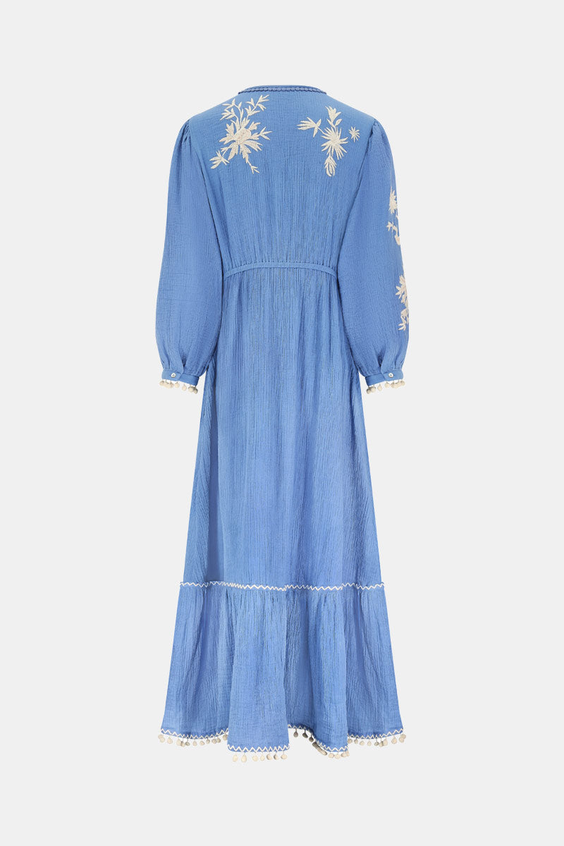 Back view cut out image of Fern Embroidered Blue Cotton Gauze Dress