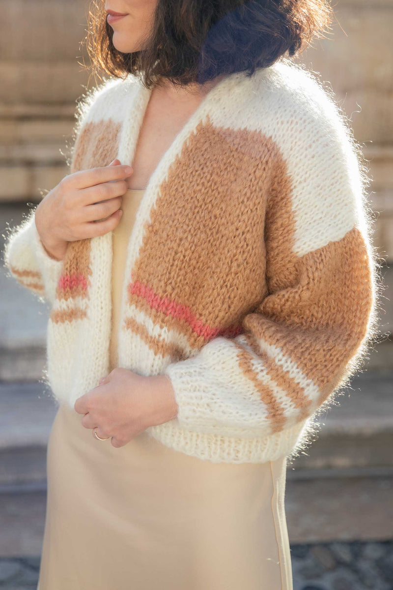 Fluffy Mohair-Bio Wool Cardigan with camel and ivory white stripes.