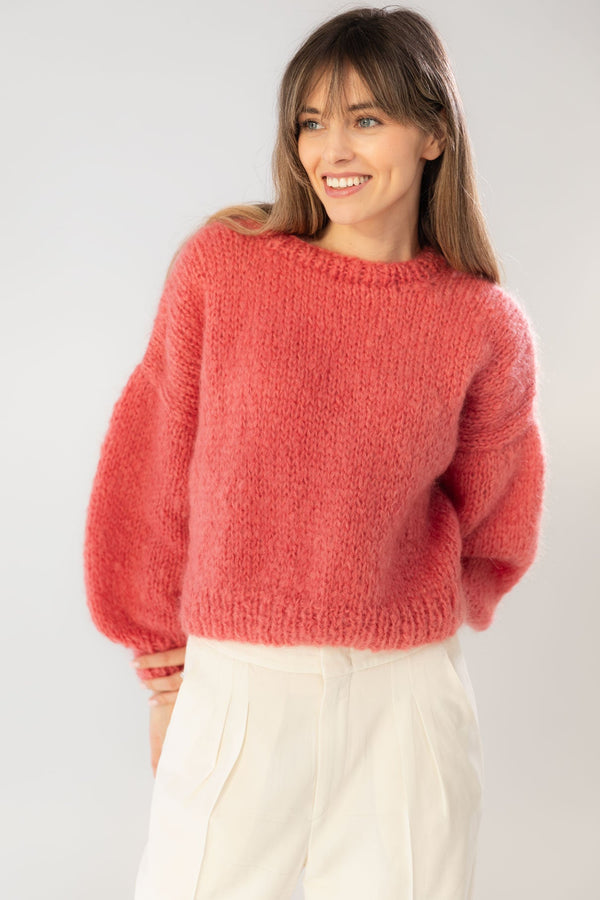 Raspberry pink mohair and organic wool sweater, oversized fit and a boxy shape.