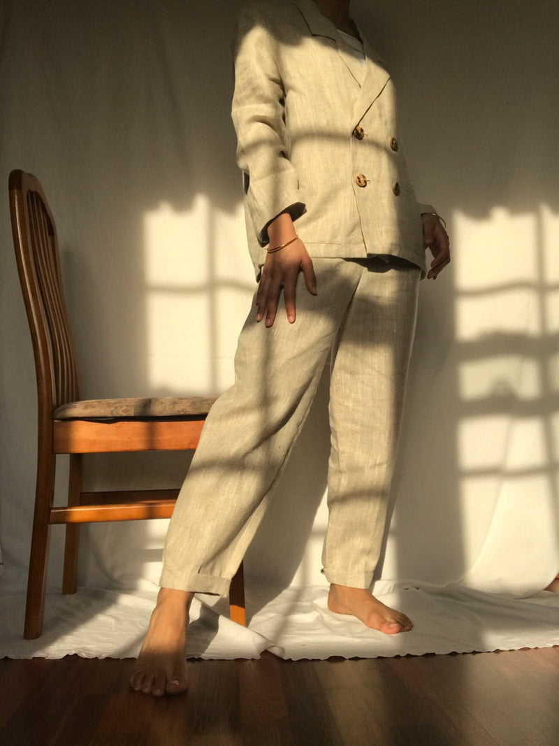 Ethically Made Double Breasted Beige Linen Suit Plain Or With Trim. Sustainable clothing brand Fanfare Label