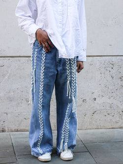 High Waisted Upcycled Thread Flare Jeans, Blue Denim