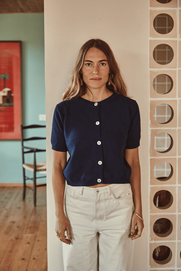 SARAH 100% Organic Cotton Short Sleeve Cardigan in Navy Blue - L'Envers