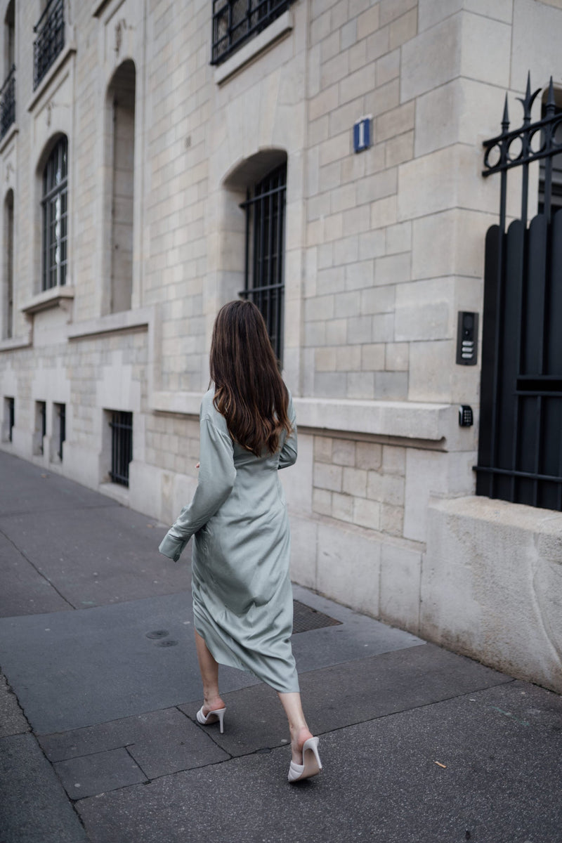 sage green wrap dress Harper Lavoir sustainable luxury