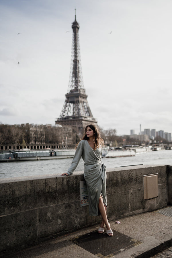 Sage green wrap dress Harper Lavoir luxury womenswear