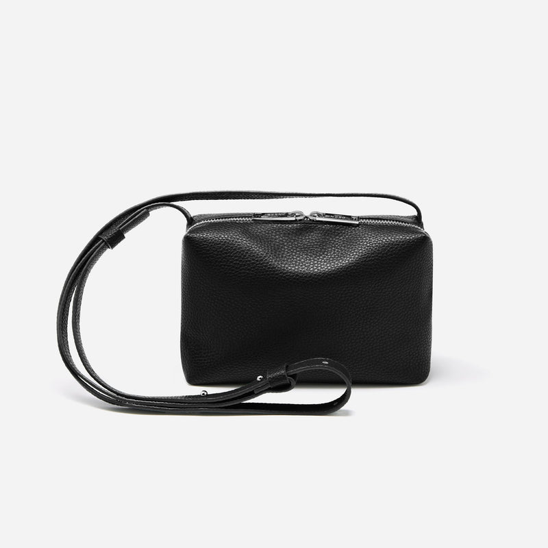 Rees Pebbled Recycled Leather Camera Bag in Black Onyx with adjustable strap