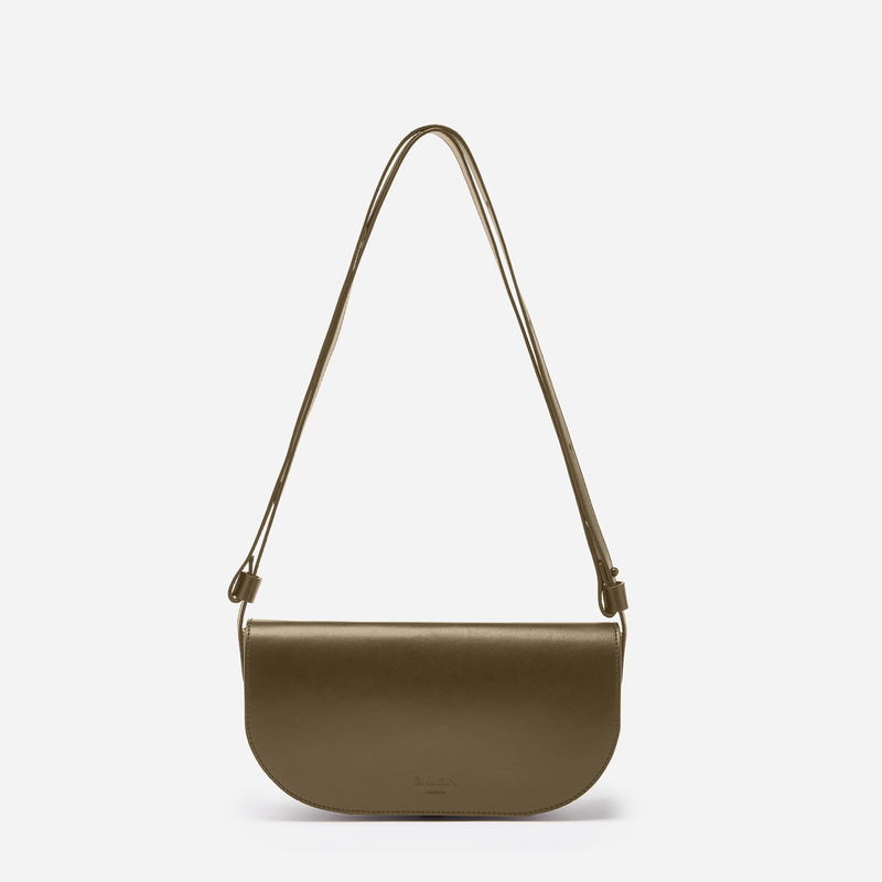 Our Mini Millais bag in recycled leather with shortest strap to be a shoulder bag