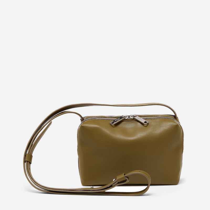 Rees Recycled Leather Camera Bag in Moss with long adjustablestrap